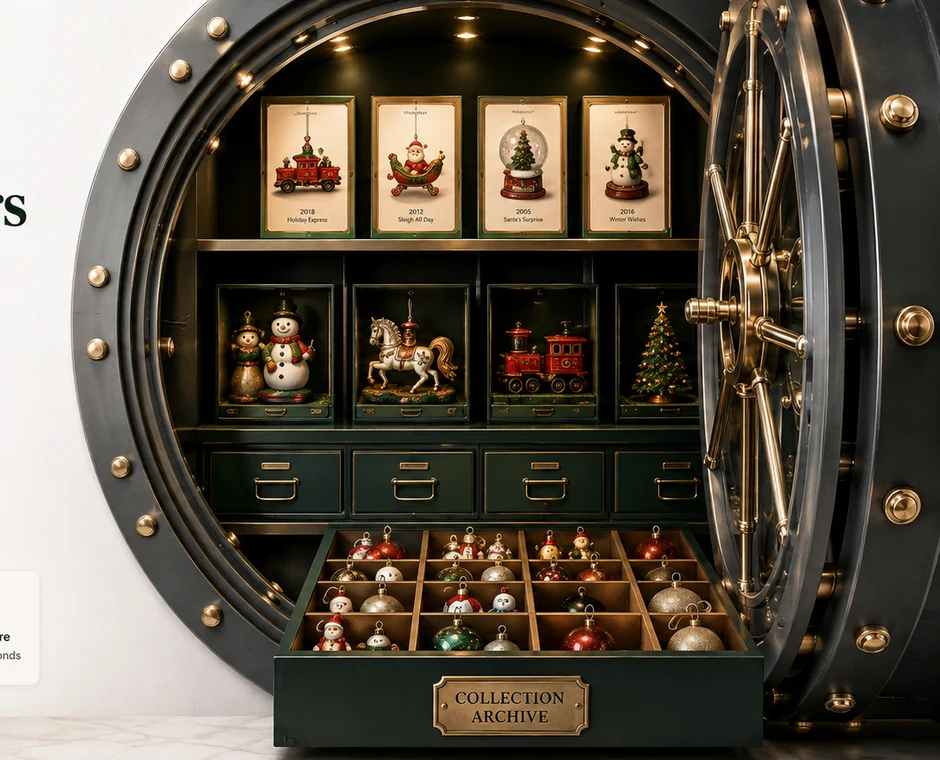 Collector vault with Hallmark-style ornament collection shelves