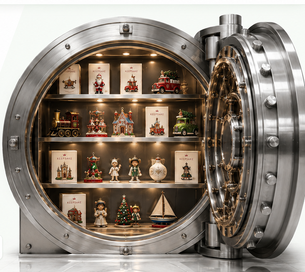 Collection vault filled with Hallmark ornament boxes and ornaments