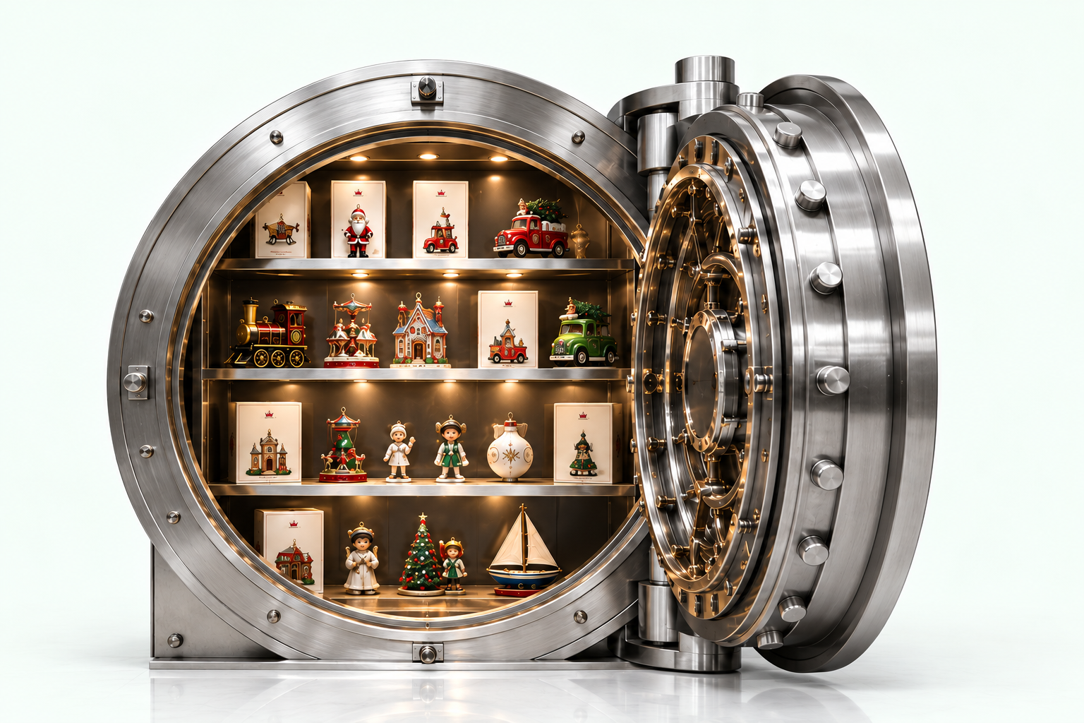 Collection vault filled with Hallmark ornament boxes and ornaments