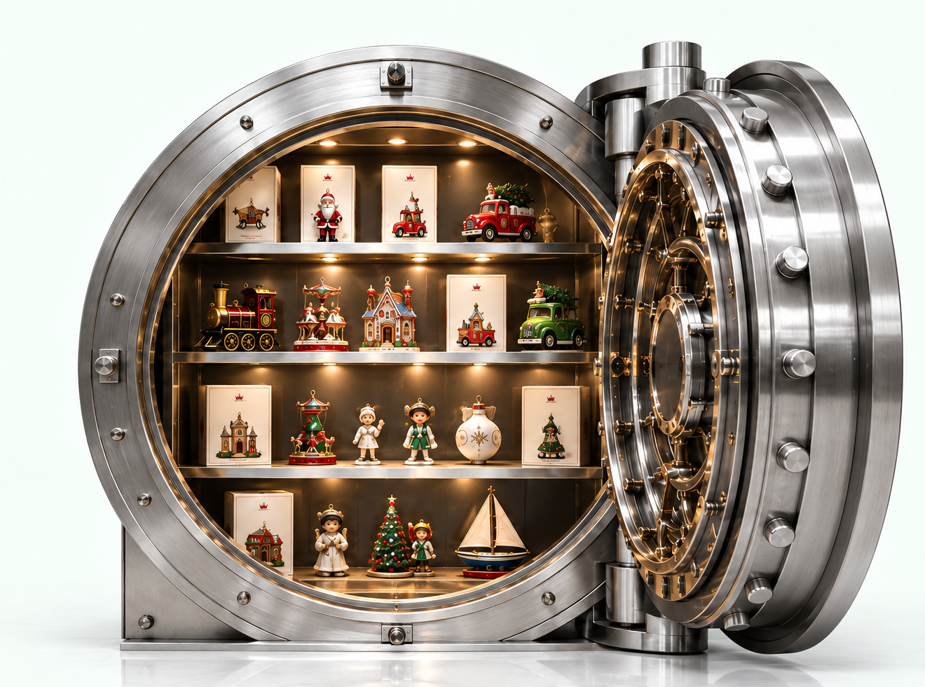 Collection vault filled with Hallmark ornament boxes and ornaments